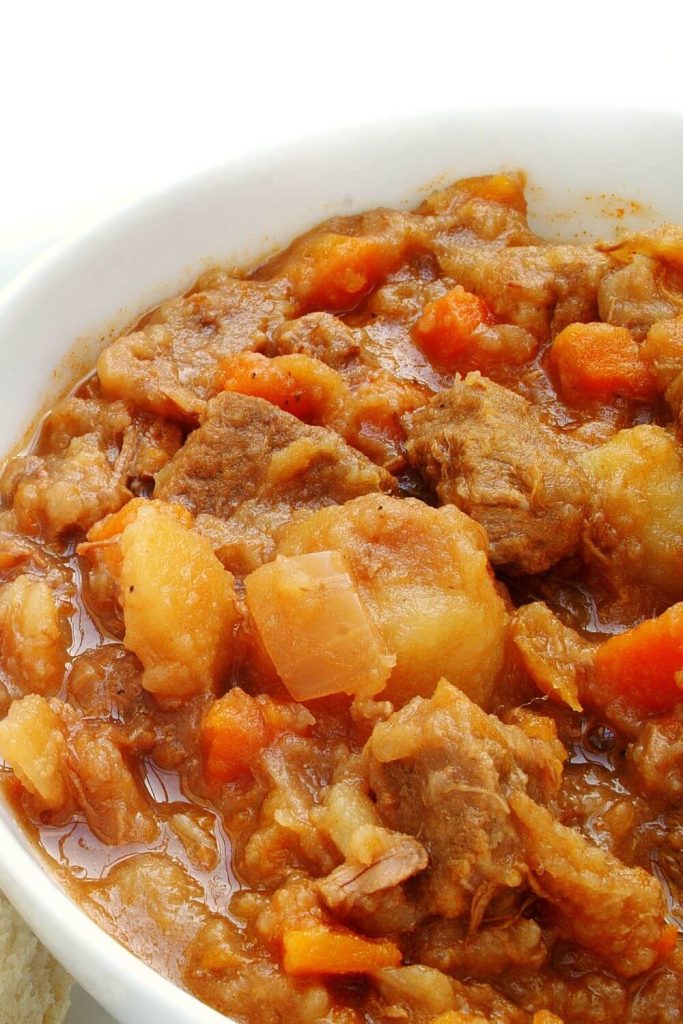 Close-up of slow cooker Scouse stew with chunks of meat and carrots