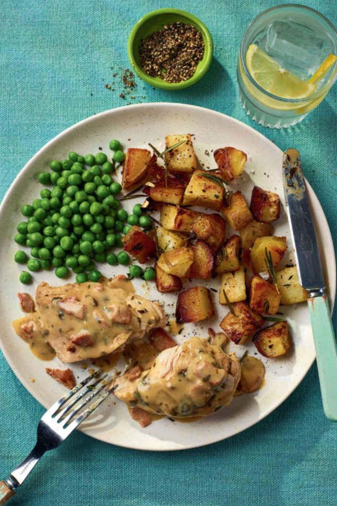 Chicken with creamy sauce, roasted potatoes, and peas on a plate.