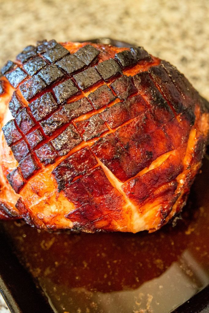 Whole gammon cooked in slow cooker with orange juice glaze.