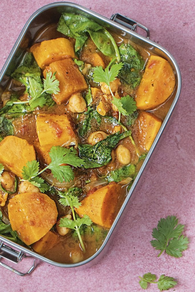 Slow Cooker Sweet Potato Curry packed with chickpeas and greens.
