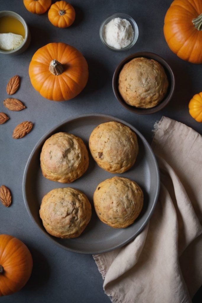 Slow Cooker 2 Ingredient Pumpkin Scones on a plate with pumpkins and ingredients.