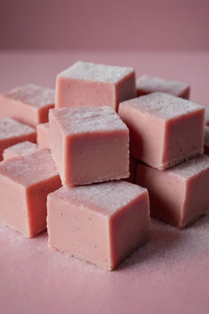 Cubes of pink Slow Cooker Musk Fudge stacked on a pink surface.