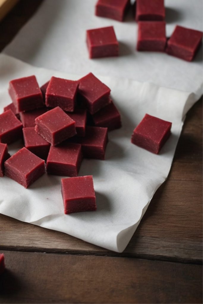Pile of red Slow Cooker Redskin Fudge cubes on parchment paper.