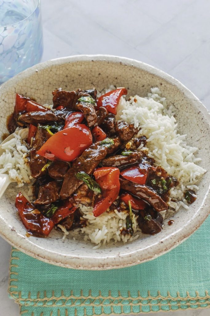 succulent Thai Basil Beef served with white rice.