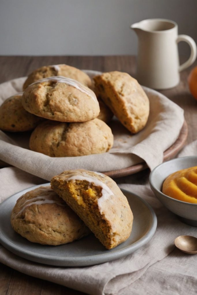 Slow Cooker 2 Ingredient Pumpkin Scones with icing, served on a plate with a bowl of pumpkin puree.