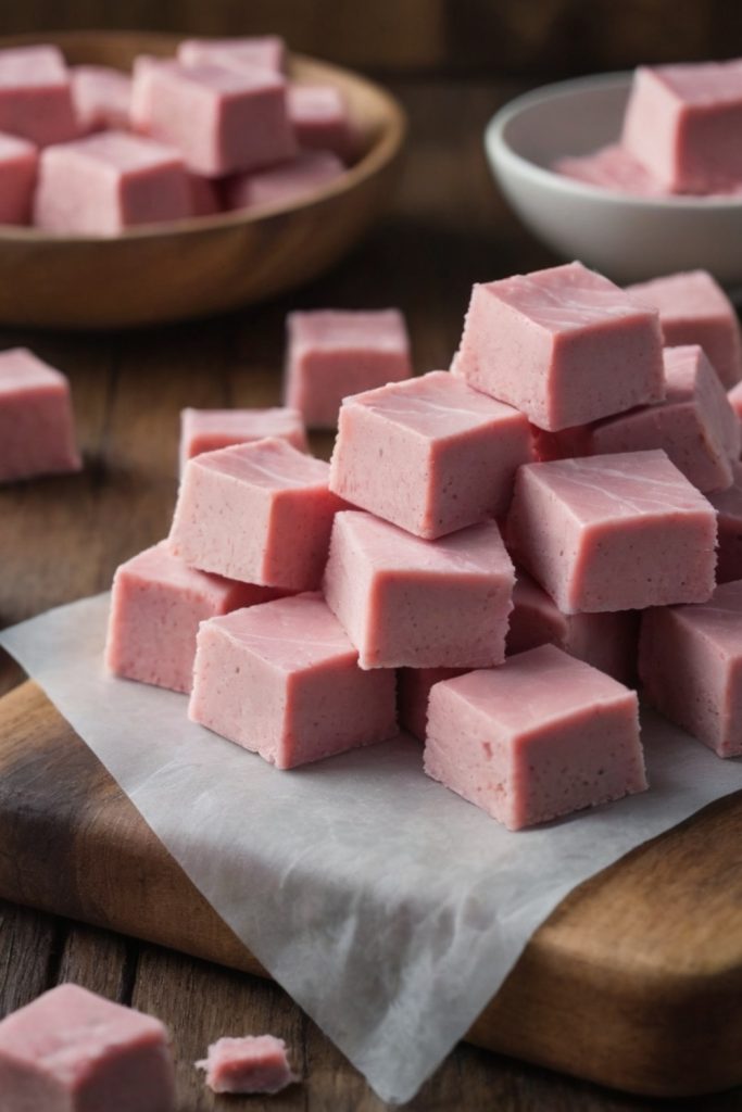 Pile of pink Slow Cooker Musk Fudge cubes on parchment paper.