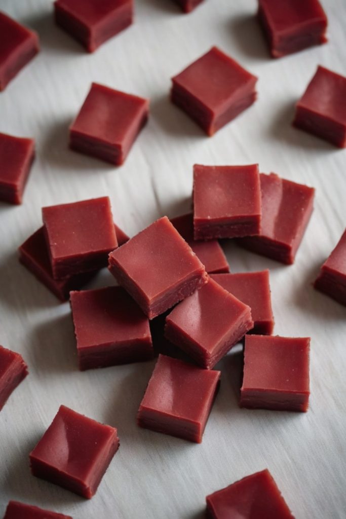 Cubes of red Slow Cooker Redskin Fudge scattered on a white surface.