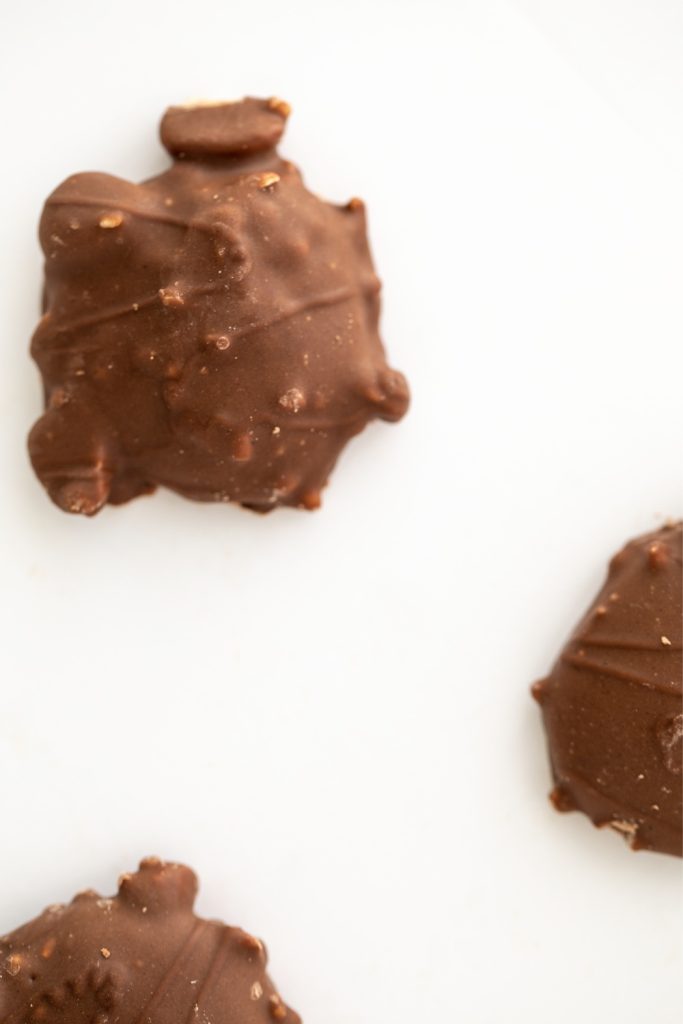 Three slow cooker chocolate turtle candies on a white background.