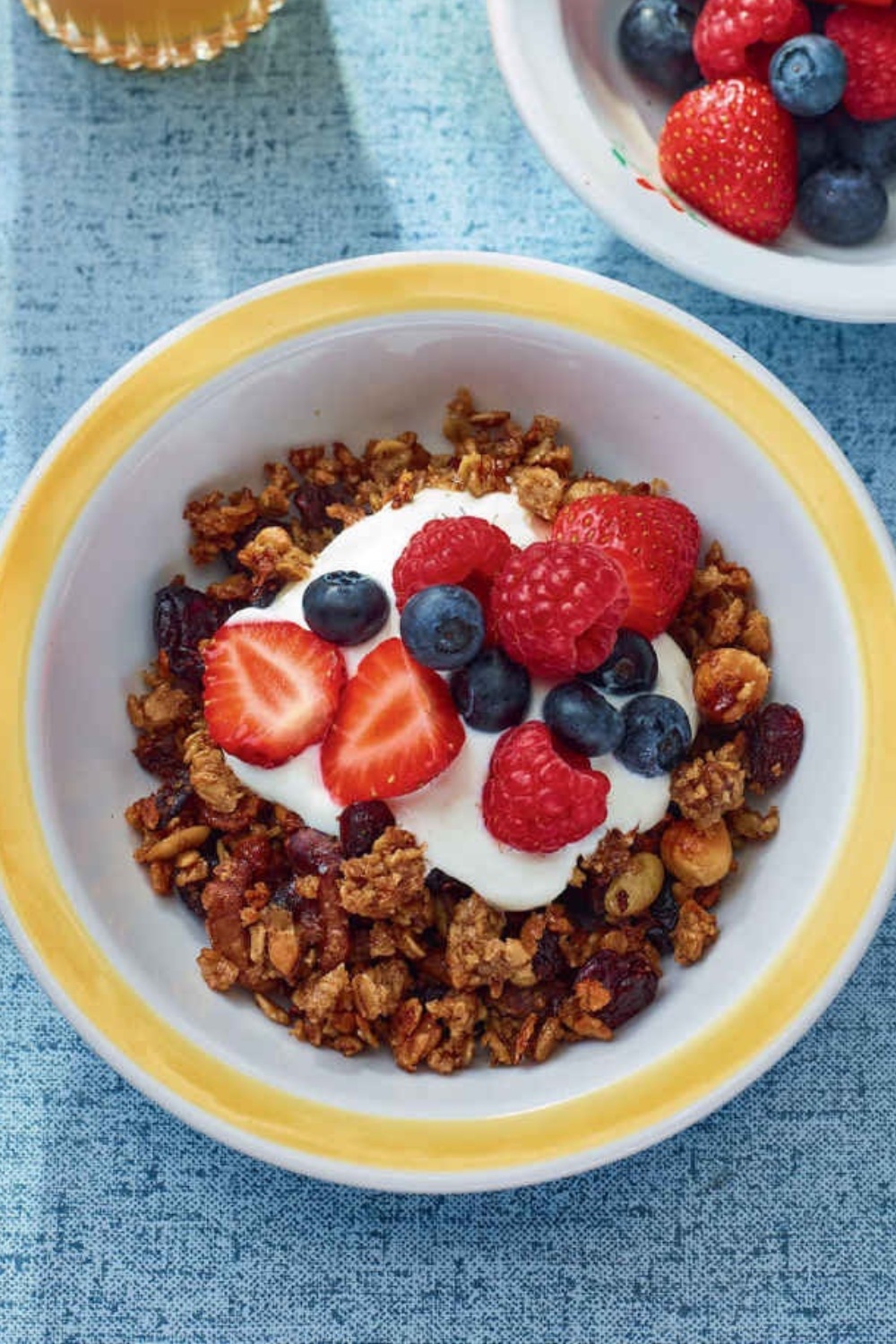 granola with yogurt and mixed berries in a yellow-rimmed bowl.