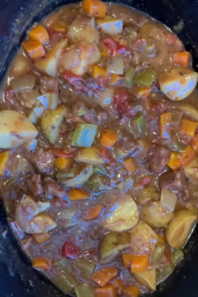 Venison Slow Cooker Stew with carrots, potatoes, and celery.