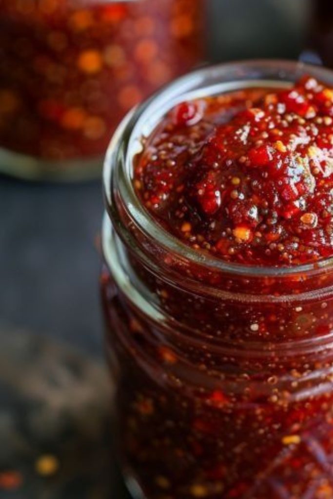 rhubarb sweet chili jam in a jar.