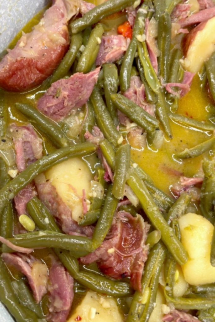 Slow Cooker Green Beans with Smoked Turkey, potatoes, and broth.