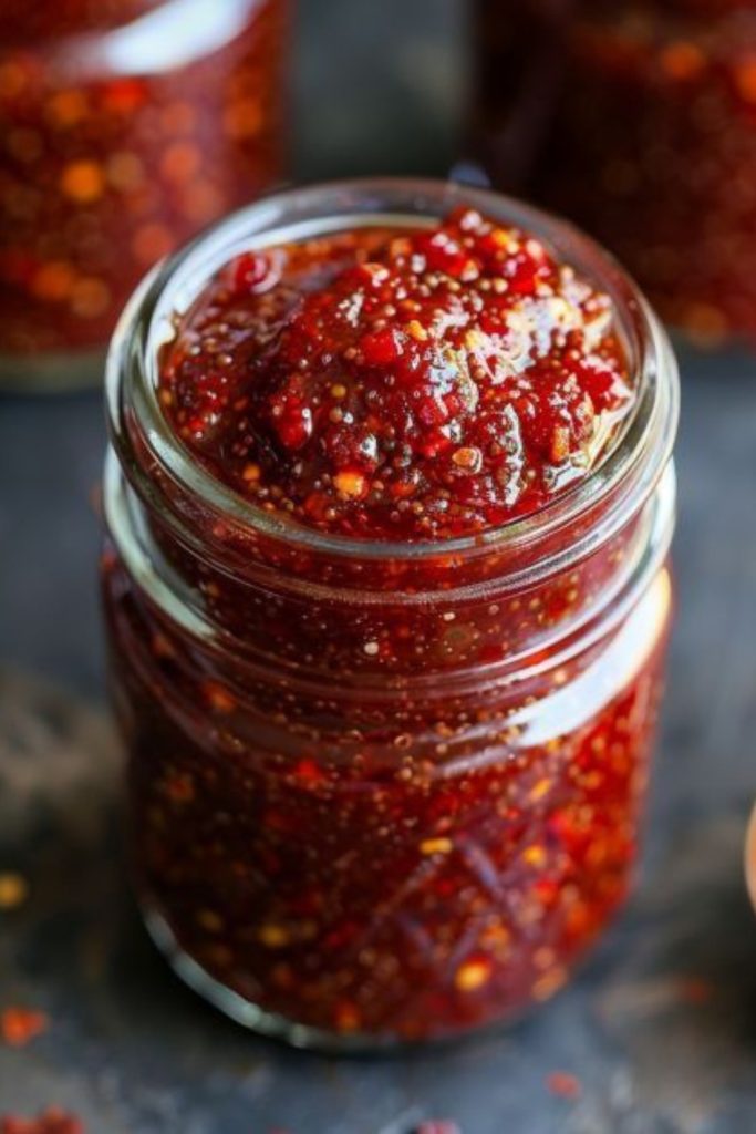 Jar of rhubarb sweet chili jam on a dark surface.