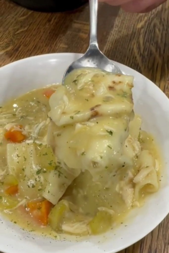 A spoon lifting a portion of chicken and dumplings from a bowl, showcasing thick gravy and vegetables.