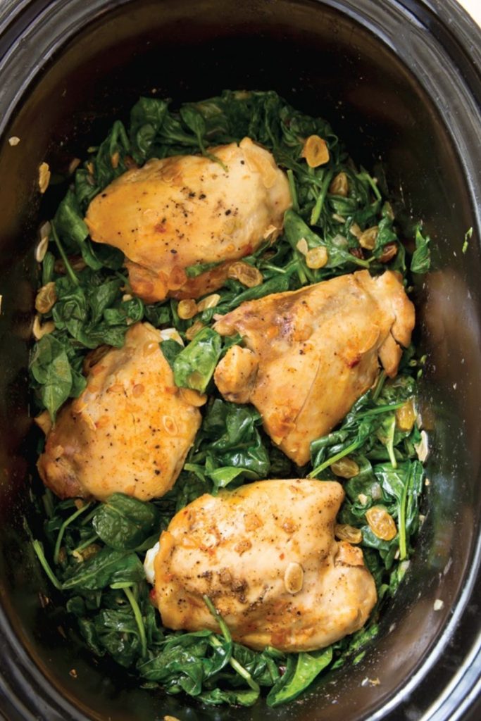 Slow Cooker Braised Chicken Thighs With Garlicky Spinach