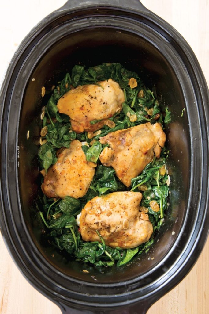 Slow Cooker Braised Chicken Thighs With Garlicky Spinach