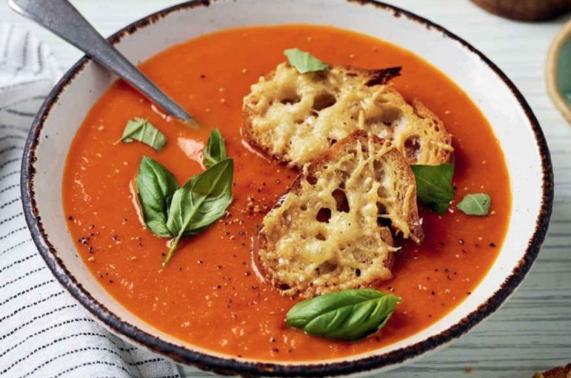 Slow Cooker Tomato & Basil Soup With Parmesan Croutons